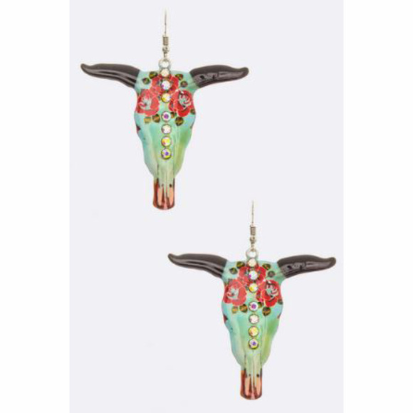 Boho Rose Print Longhorn Skull Dangle Earrings - Picture 2 of 2